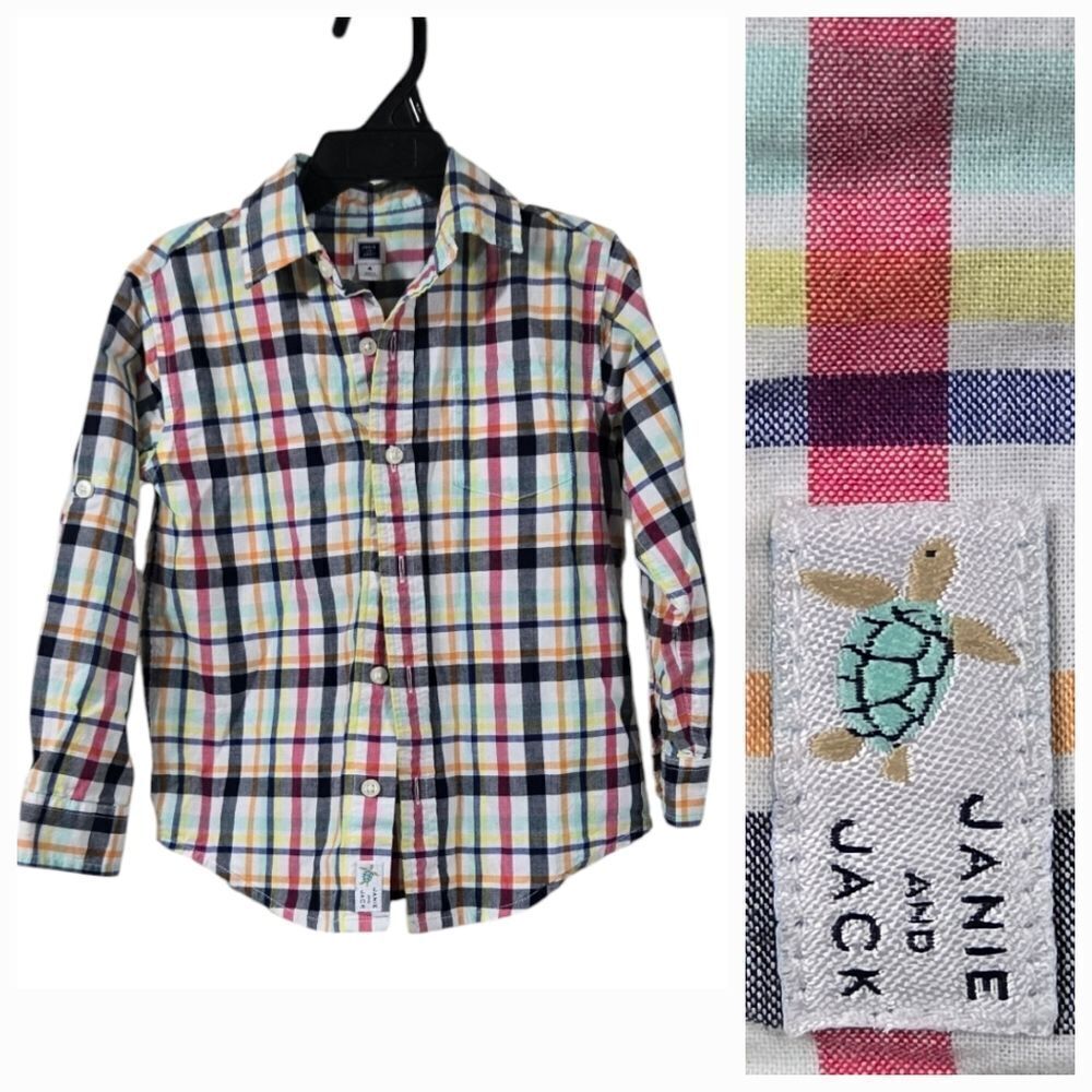 Janie & Jack Boy White Madras Plaid Long Sleeve Button Down Shirt Toddler Cotton